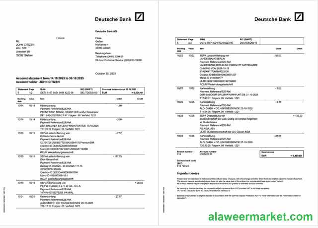 Germany Deutsche Bank account statement Word and PDF template, 2 pages